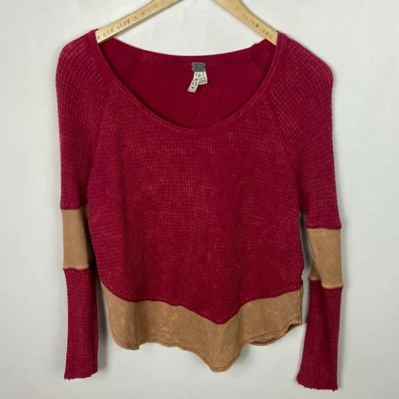 Free People Diamond Dozen Thermal Long Sleeve Top Colorblock Pink Cream Size XS - Picture 8 of 10